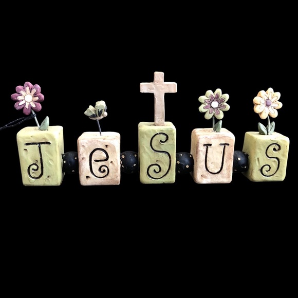 NWT Suzi Skoglund Blossom Bucket Jesus Block Letter Figurine Easter Lent Spring - Picture 2 of 5